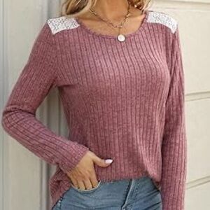 Mauve Ribbed Knit Lace Patch Shoulder Casual Top